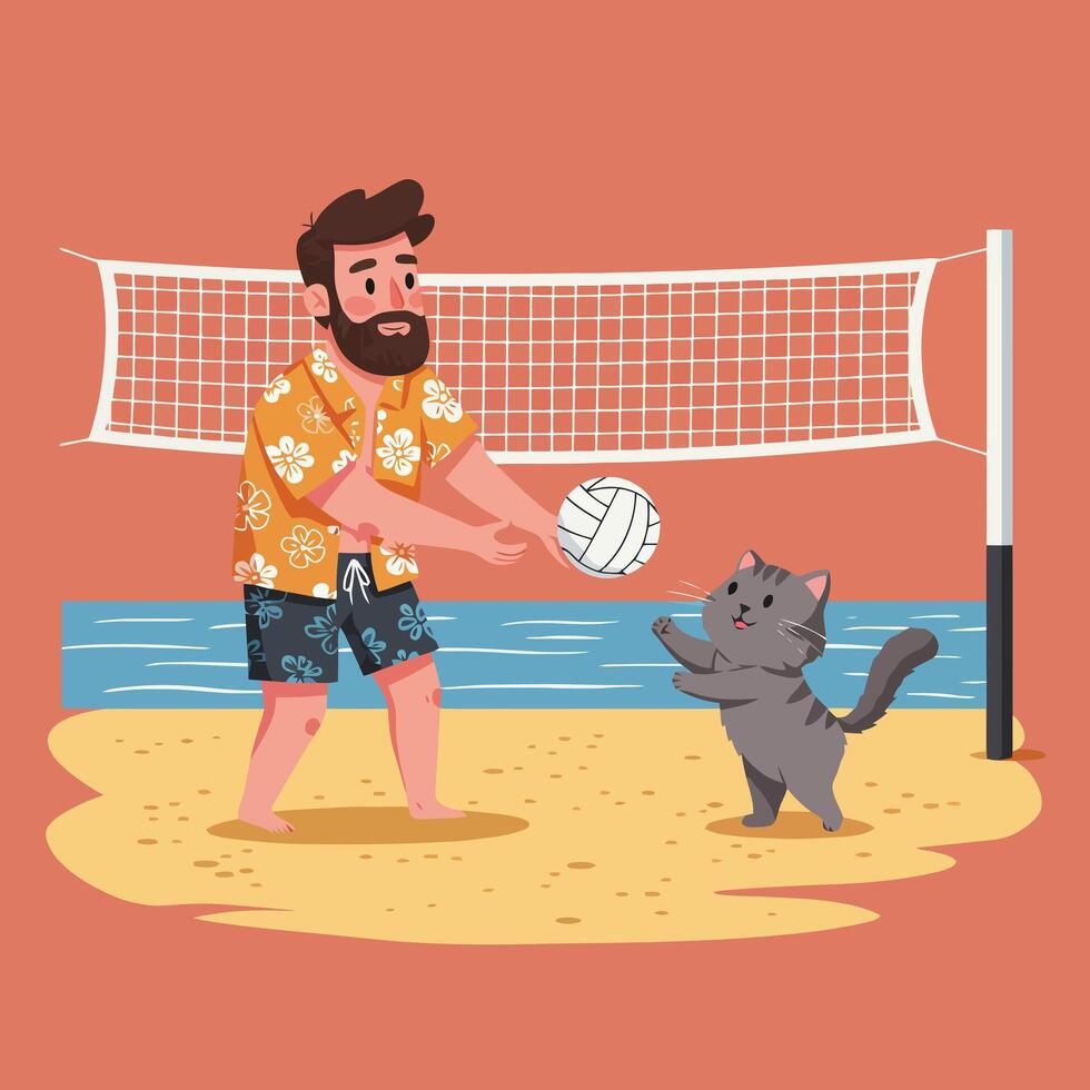 Man and Cat Playing Volleyball on Beach Having Fun Together vector