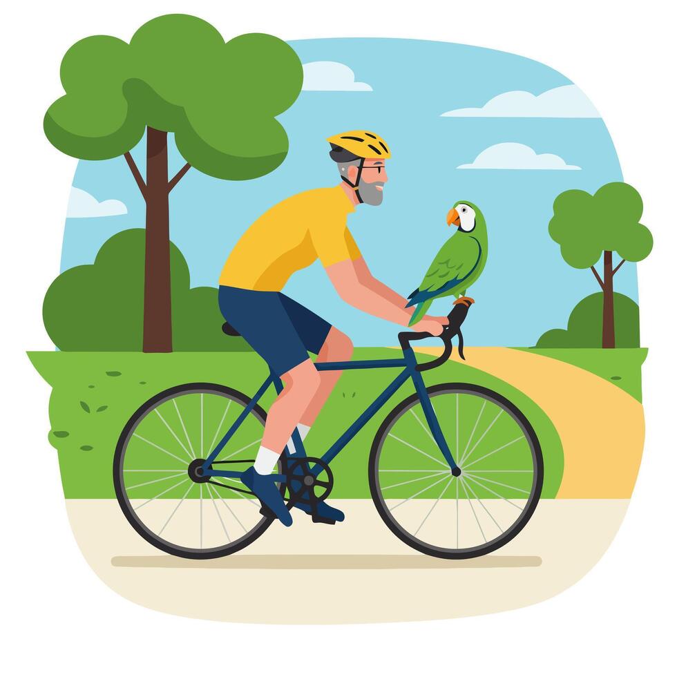 Man Cycling with Parrot Illustration on Handlebars in Natural Setting vector