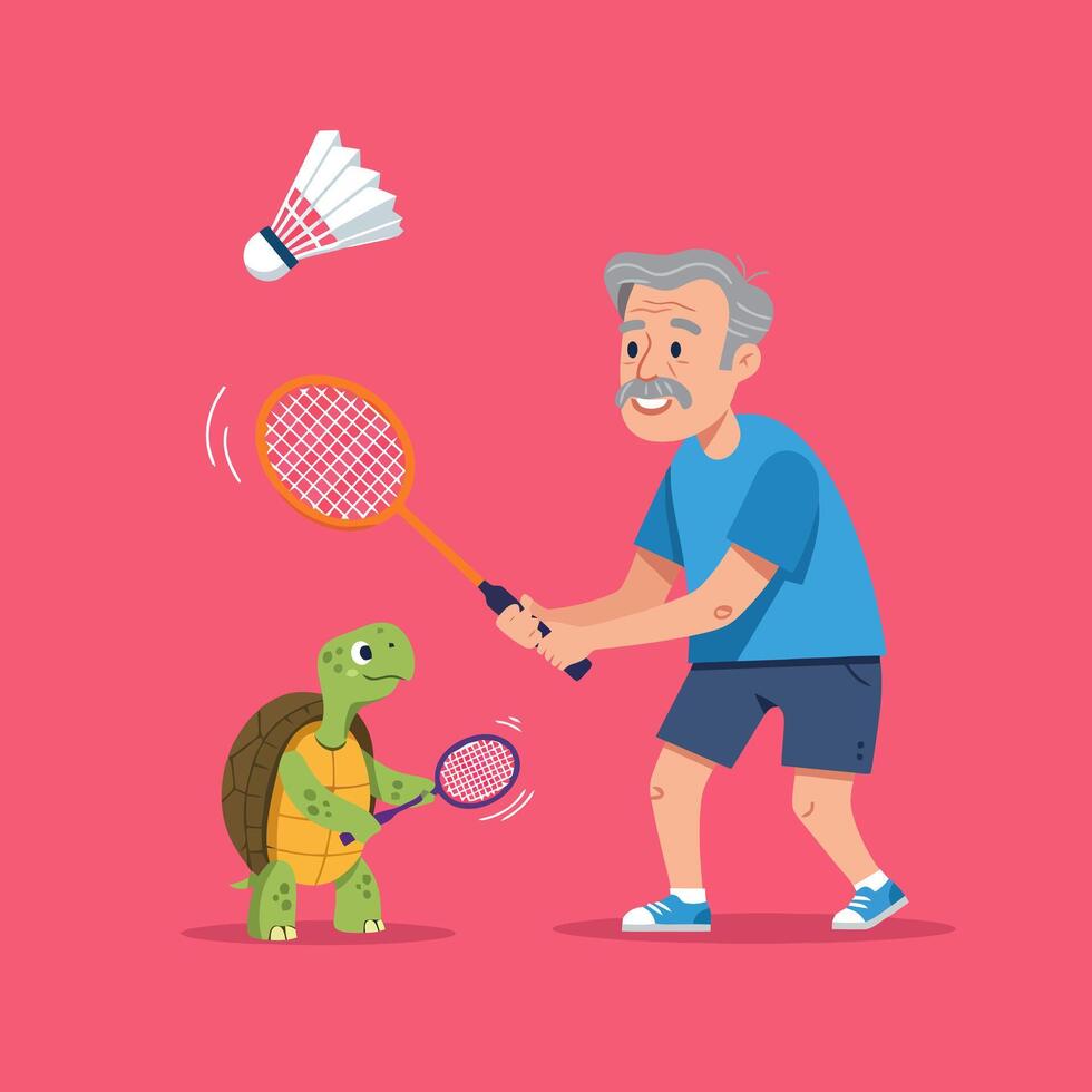 Playing Badminton Cartoon Illustration of Older Man and Turtle vector