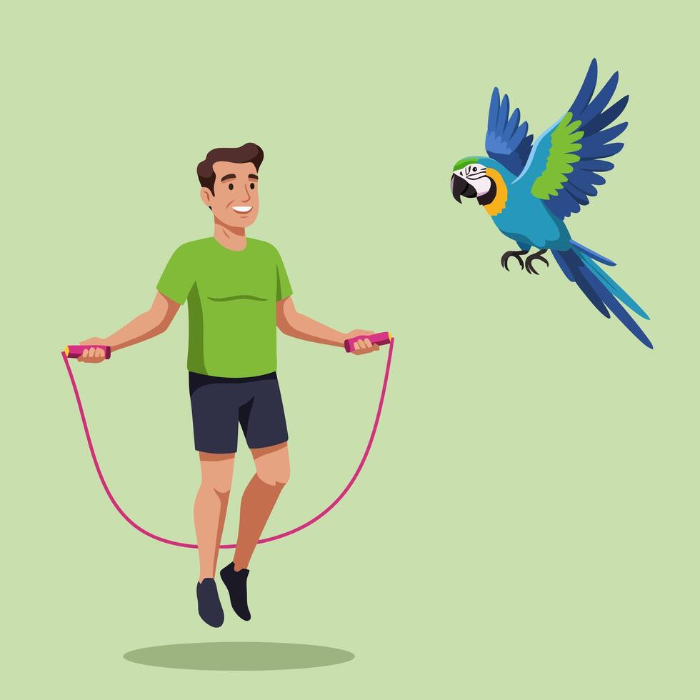 Man Jumping Rope with Parrot Flying Illustration for Wellness vector