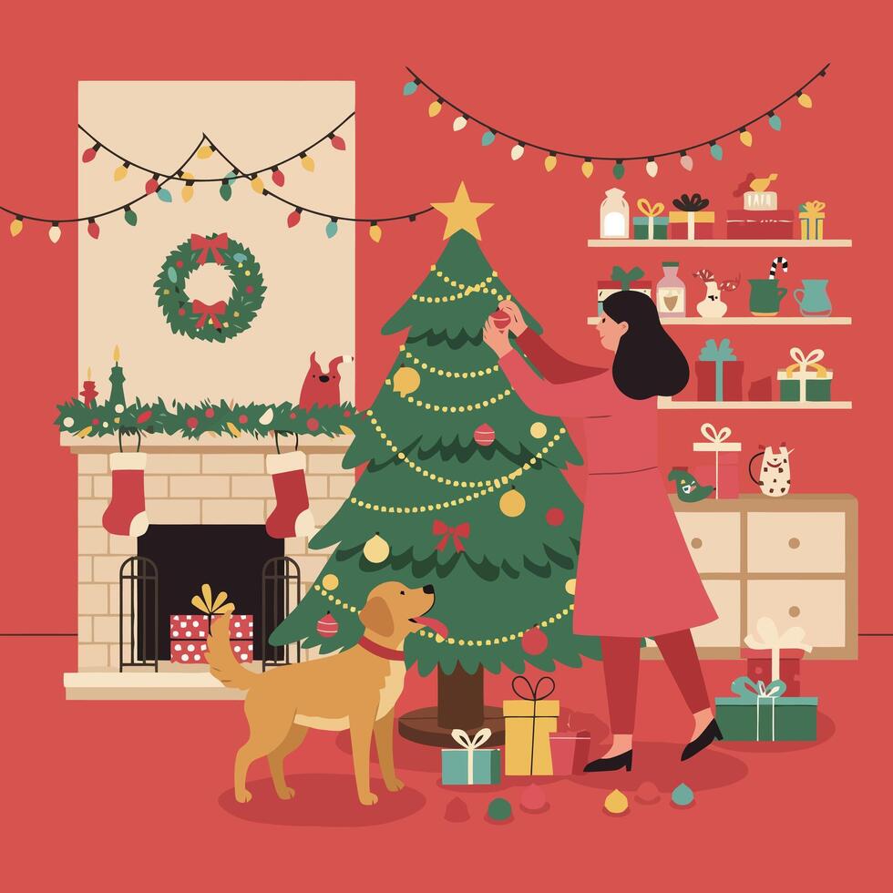 Decorating Christmas Tree with Dog and Presents in Cozy Home vector