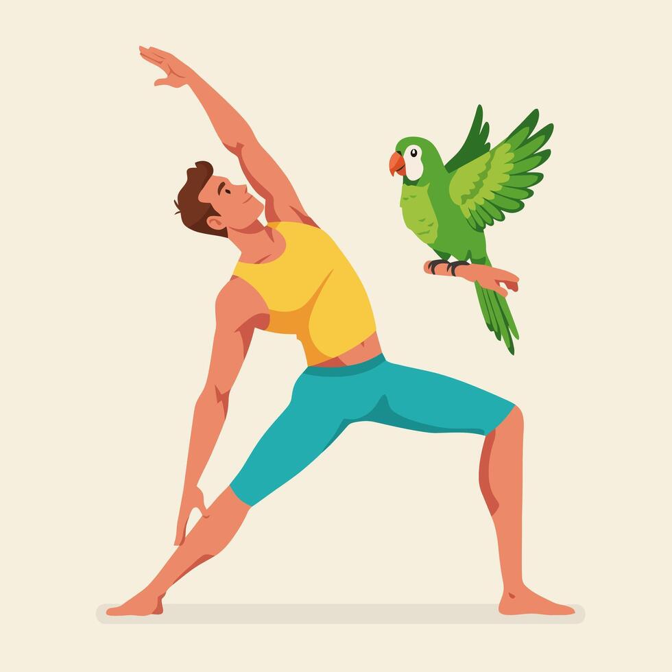 Man Practicing Yoga with Green Parrot Perched on Arm vector