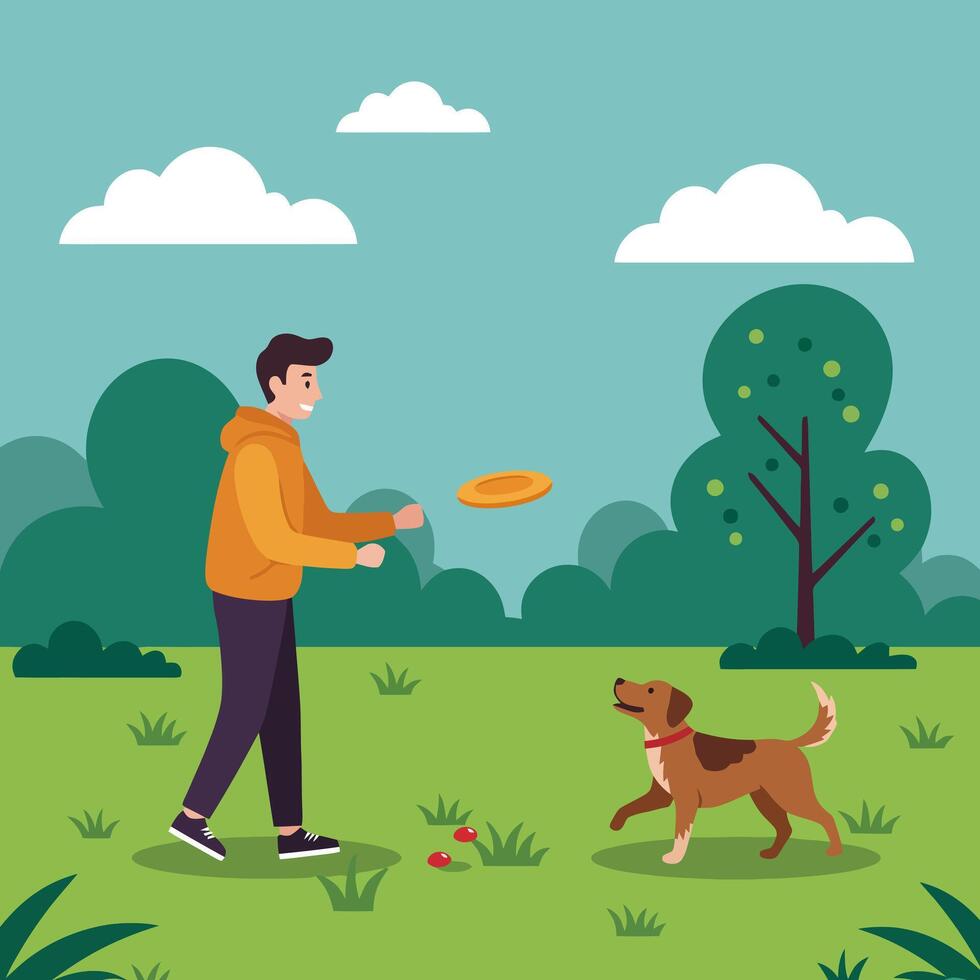 Man Throwing Flying Disc for Dog in a Green Park vector