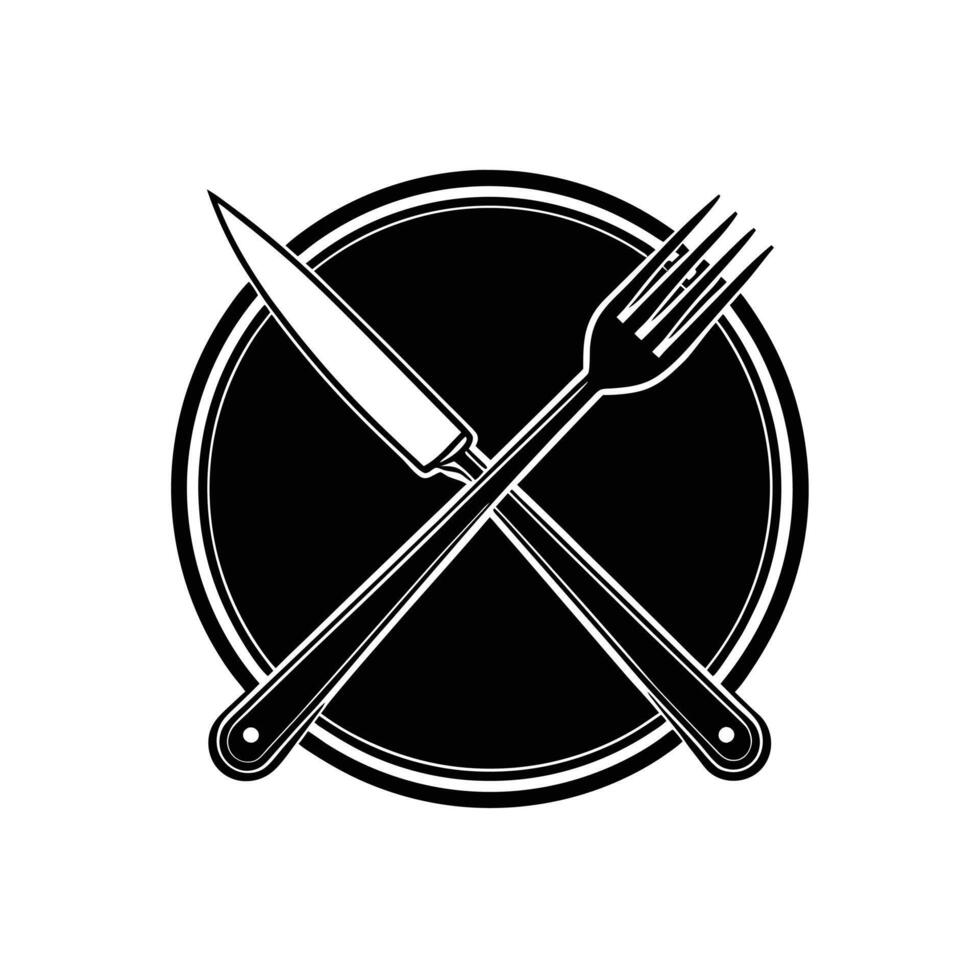 knife and fork on plate icon silhouette vector