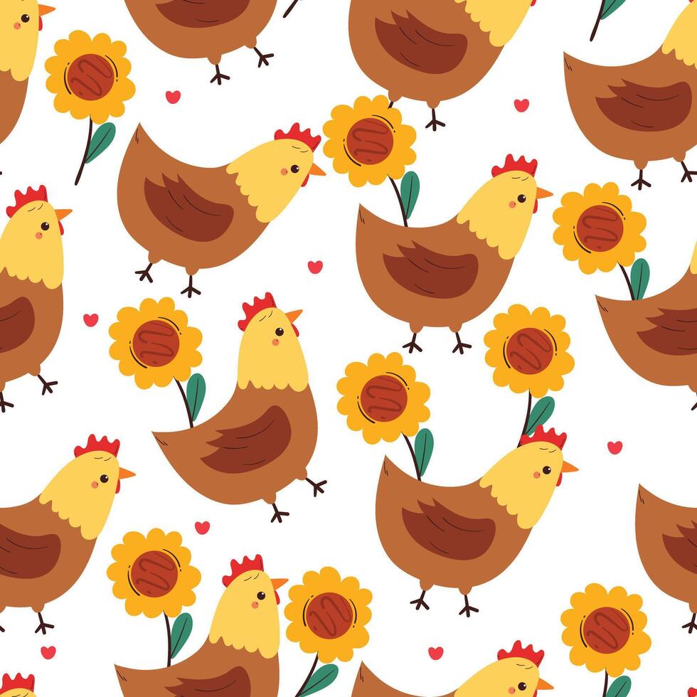 seamless pattern cute cartoon chicken and flower. cute animal pattern and wallpaper vector