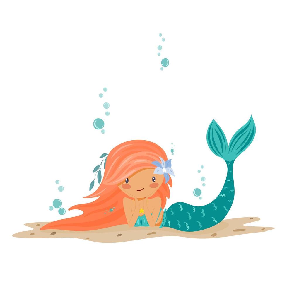 illustration of red-haired mermaid lying on sand, isolated on white background vector