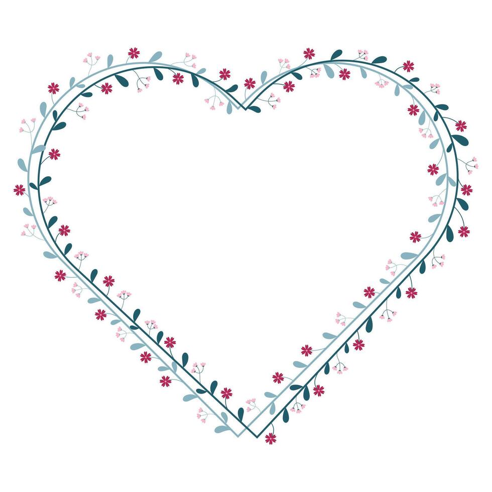 Green Love Heart Border Frame With Green Leaves And Red Flowers vector