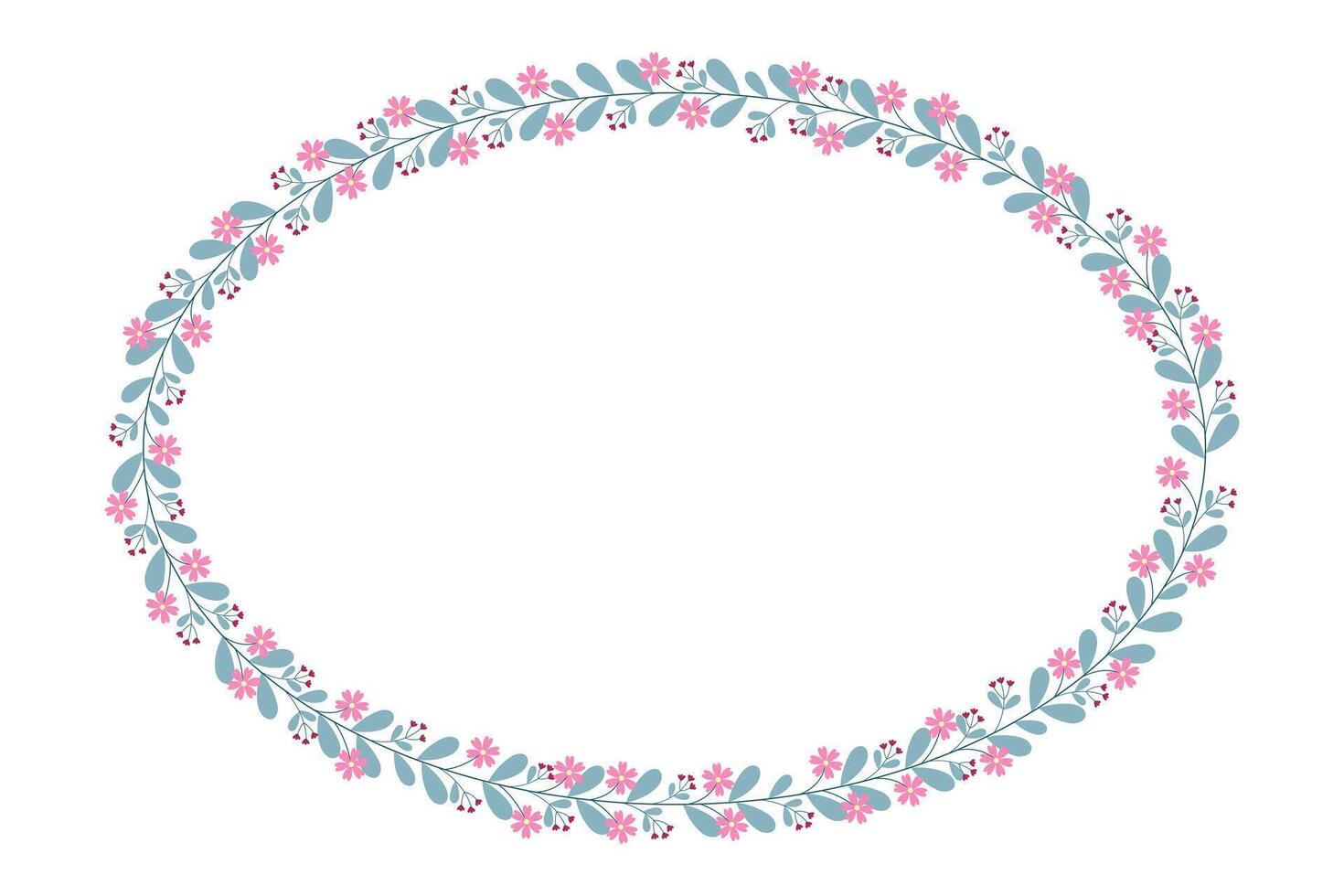 Oval Circle Wreath Border Frame Decorated With Green Leaves And Red Pink Flowers vector