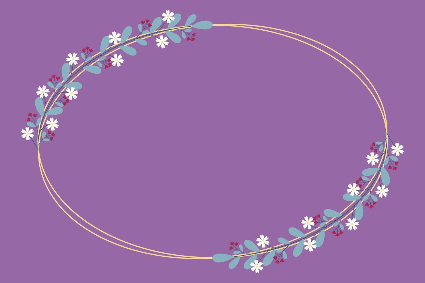 Yellow Oval Circle Wreath Border Frame Decorated With Green Leaves And White Red Flowers vector