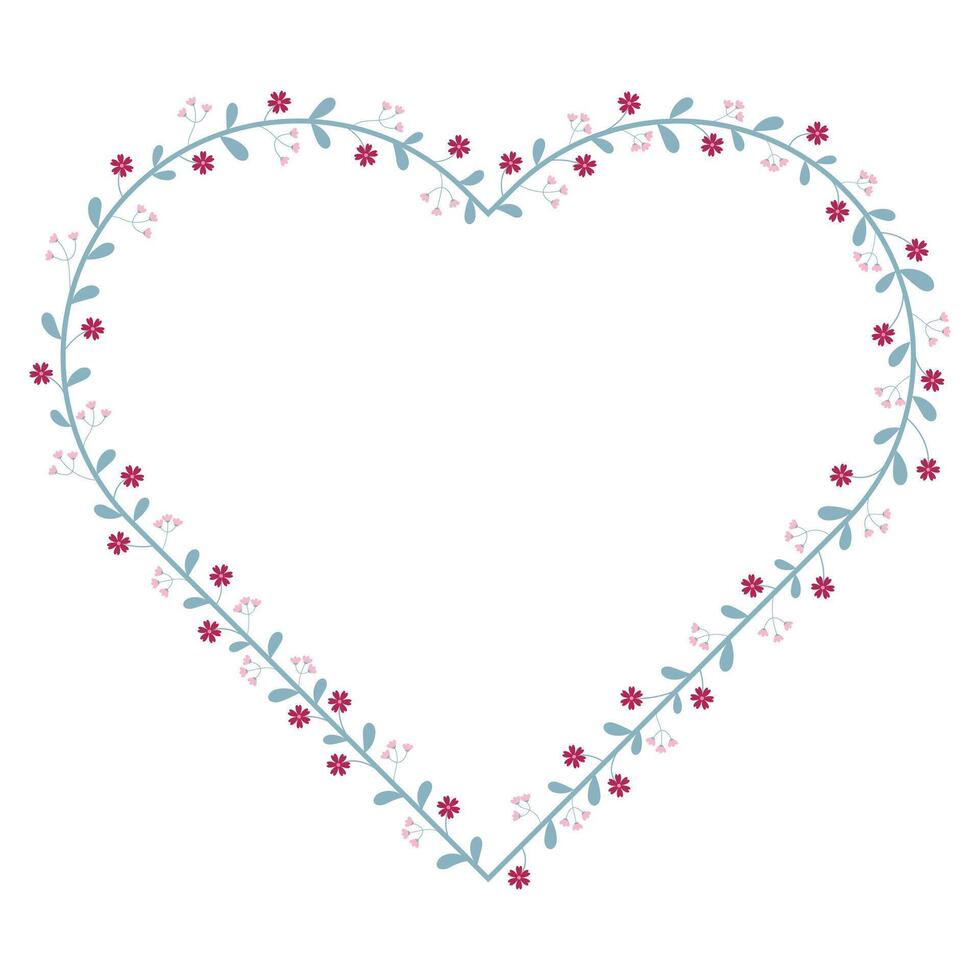 Simple Green Heart Border Frame With Green Leaves And Red Pink Flowers Decoration vector