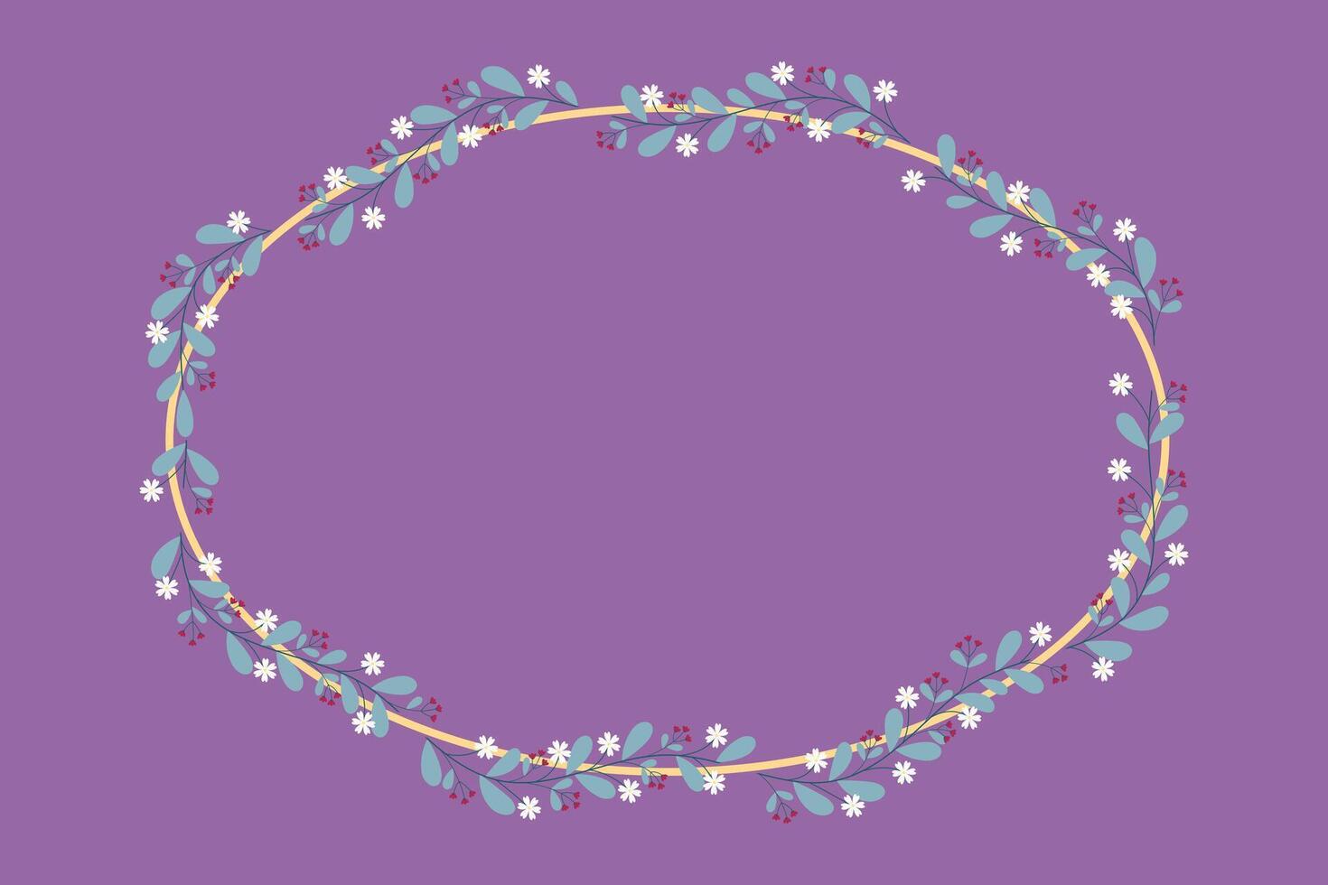 Yellow Oval Circle Wreath Border Frame With Green Leaves And White Flowers Decoration vector