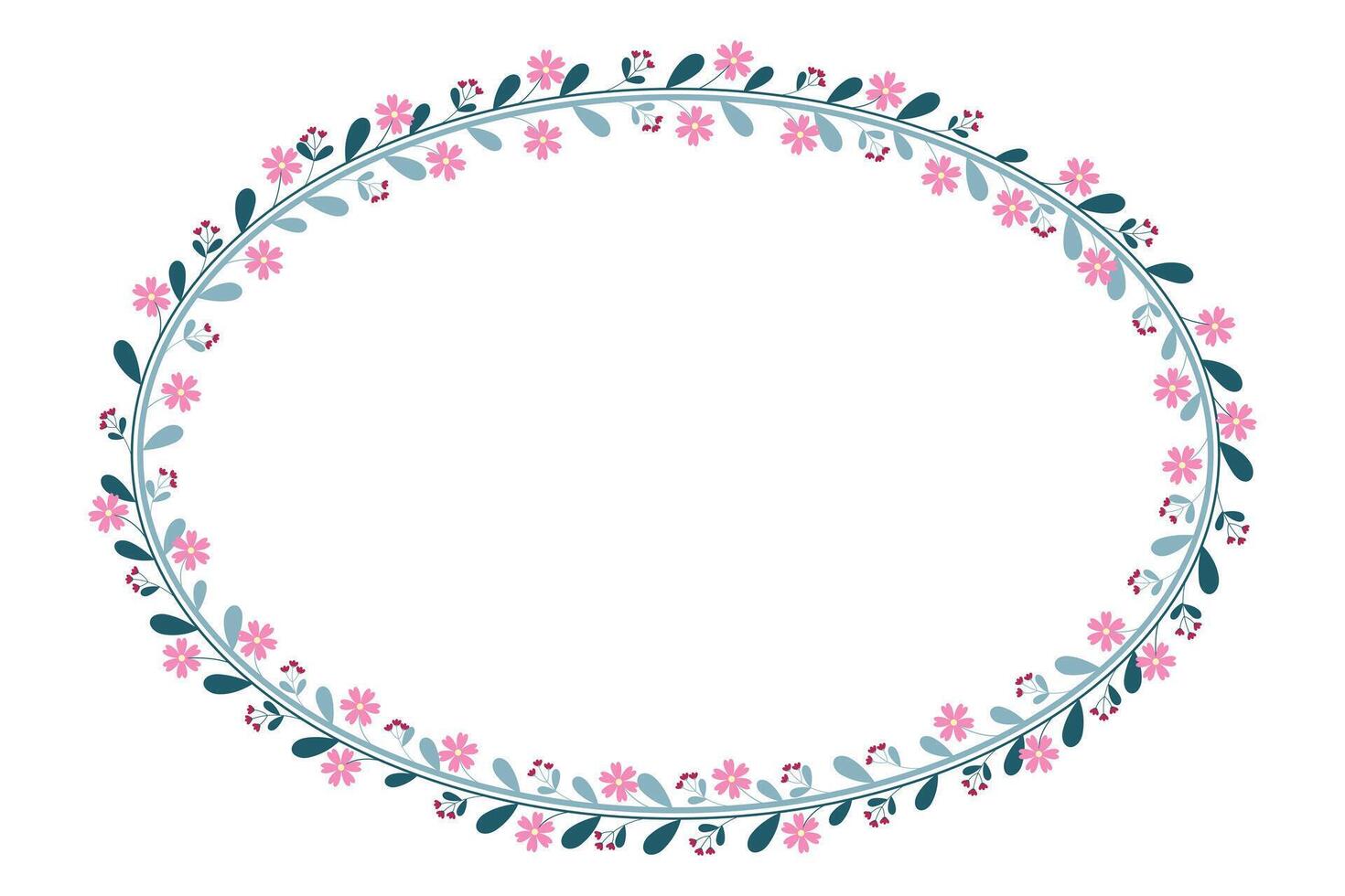 Green Oval Circle Wreath Border Frame With Green Leaves And Red Pink Flowers Decoration vector