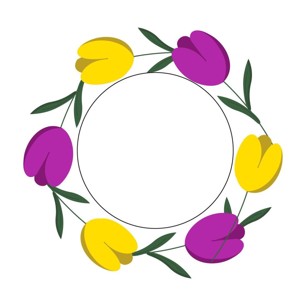 Round frame of yellow and purple tulips with a place for writing vector