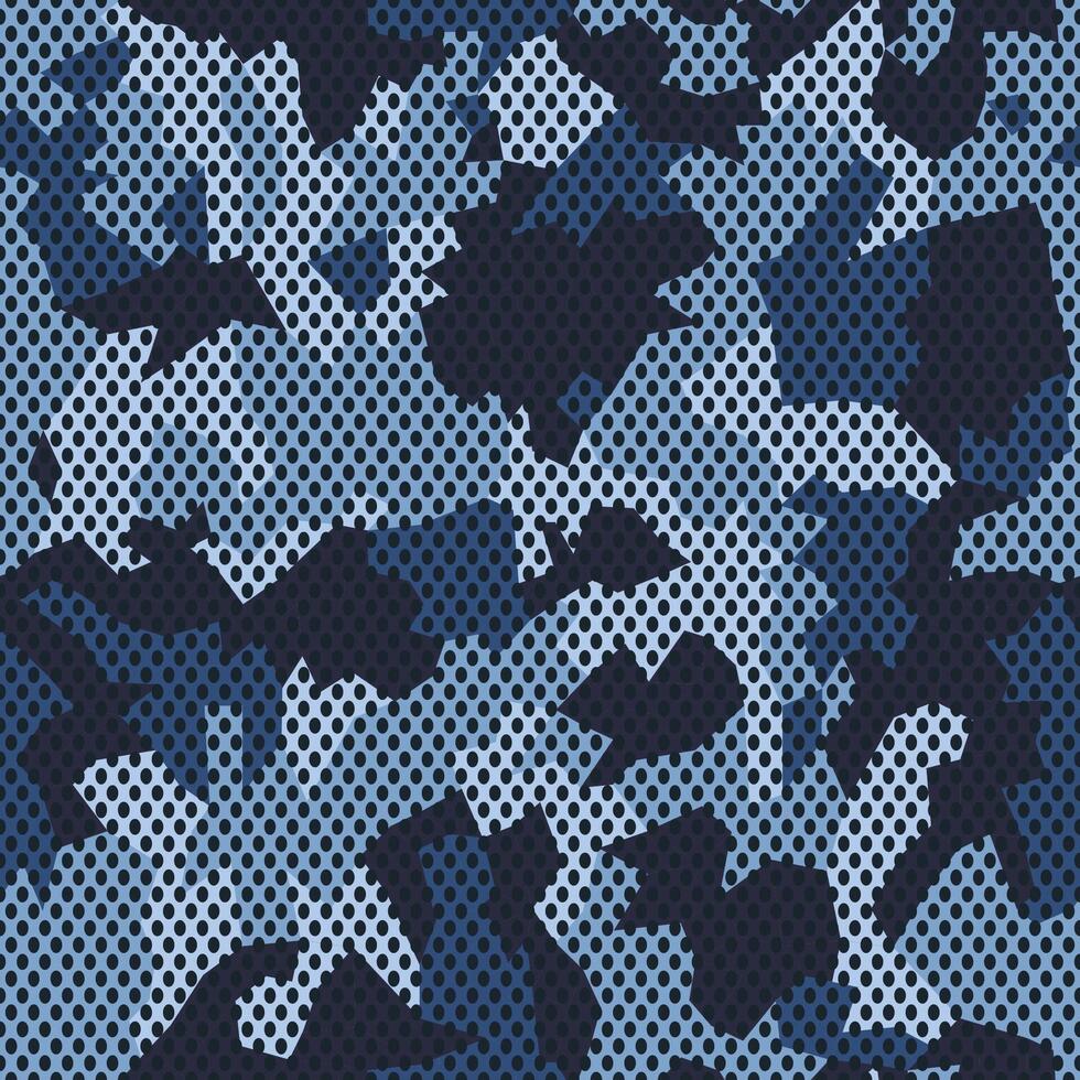 Camouflage mesh pattern. Navy blue geometric camo design for t-shirt. Military fabric texture with holes. Army background vector