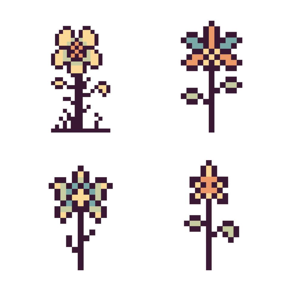 Pixel art floral emblem nostalgic vector