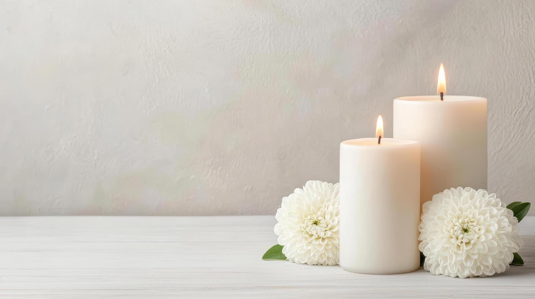 Elegant white candles with fresh flowers create serene atmosphere photo