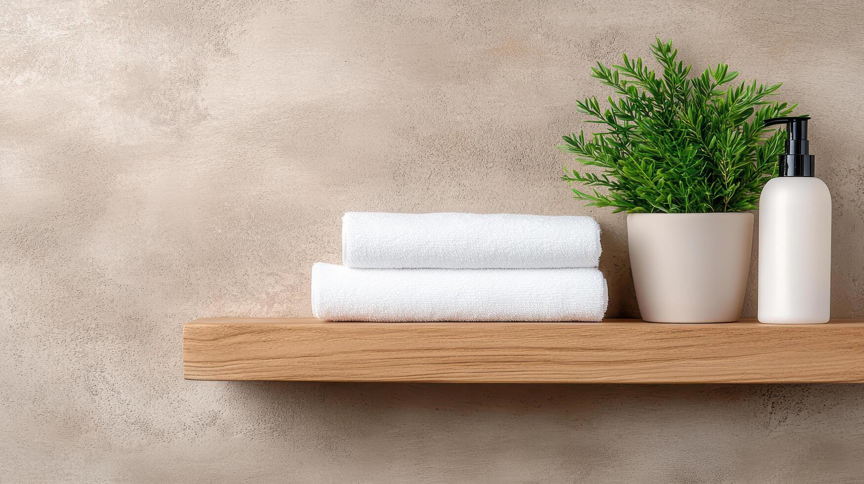 Fresh towels and plant on wooden shelf create calming spa atmosphere photo