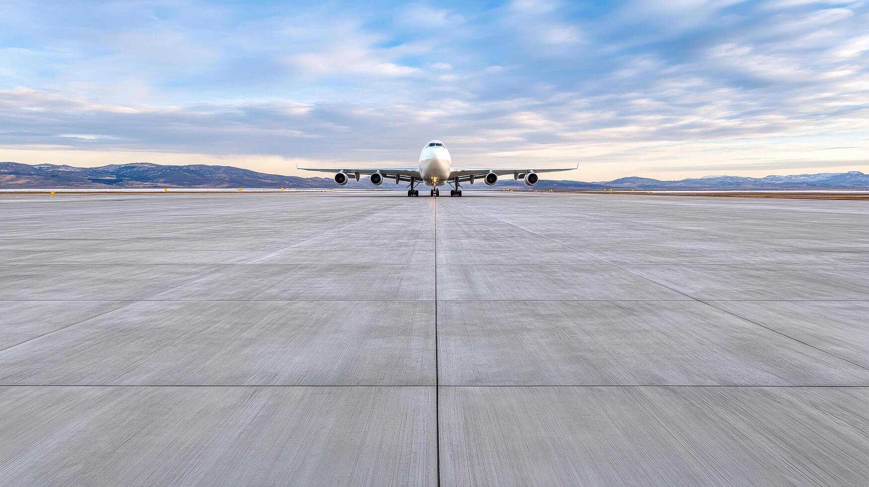 freight airplane on runway ready for takeoff against scenic backdrop photo
