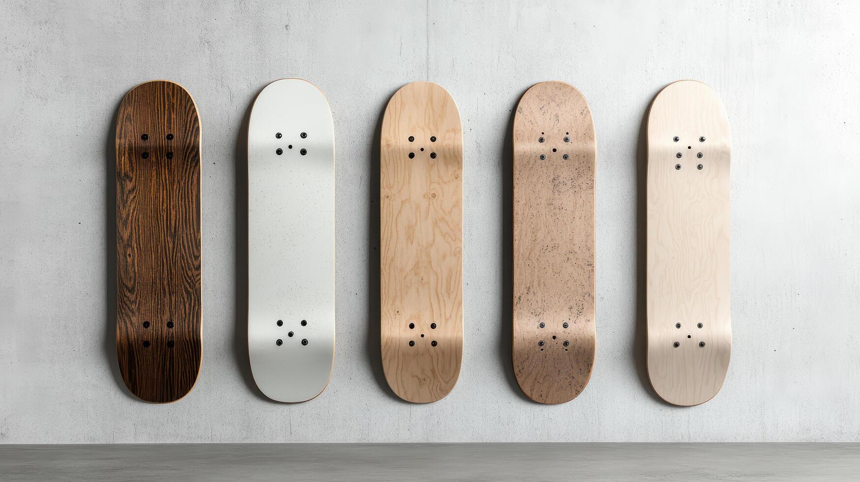 Sleek skateboard designs in various wood finishes displayed on wall photo
