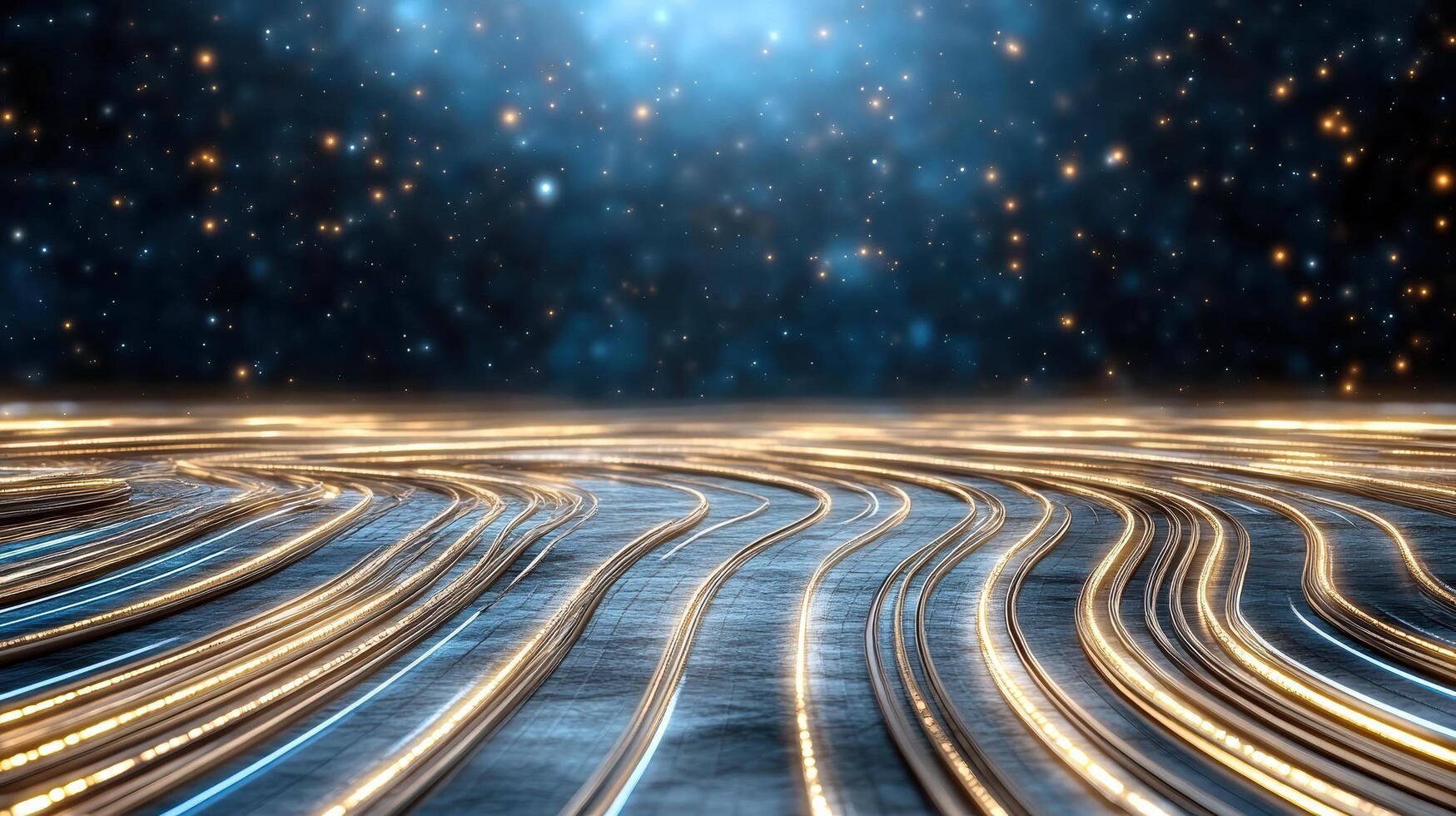 Flowing lines of light create cosmic atmosphere with stars above photo