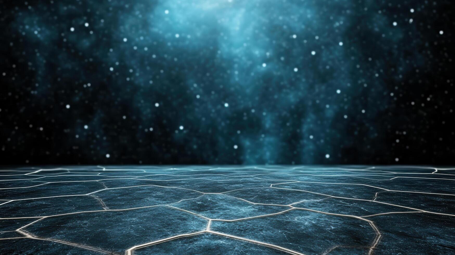 cosmic landscape with glowing hexagonal patterns and starry background photo