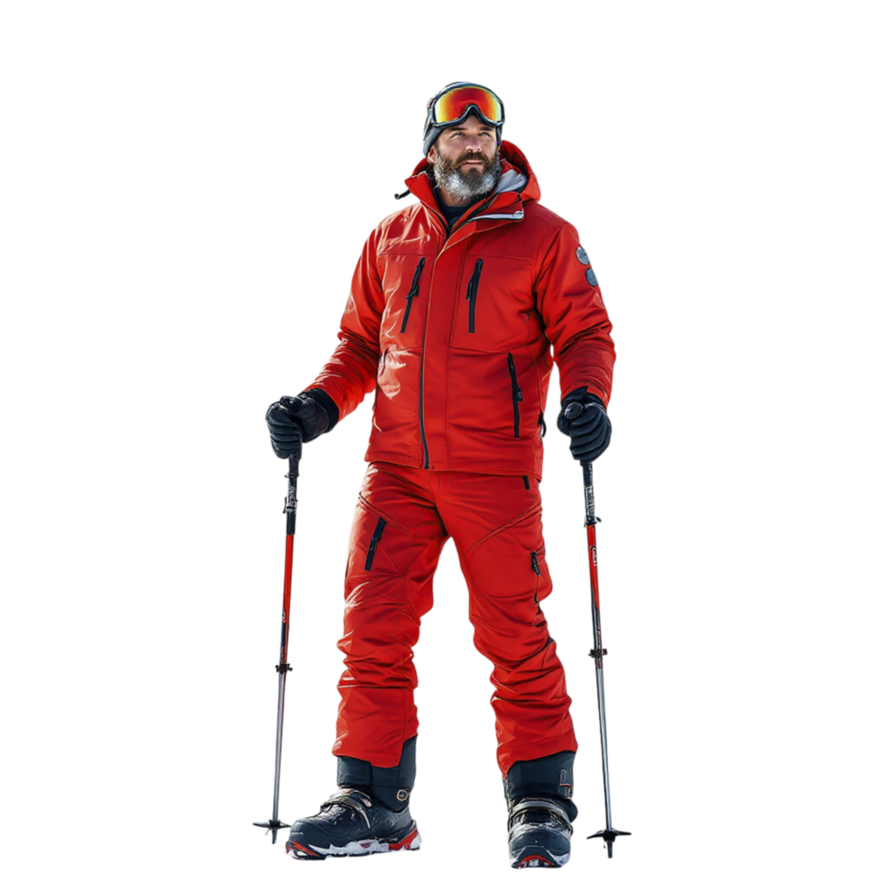 A man in red ski gear poses for a photo png