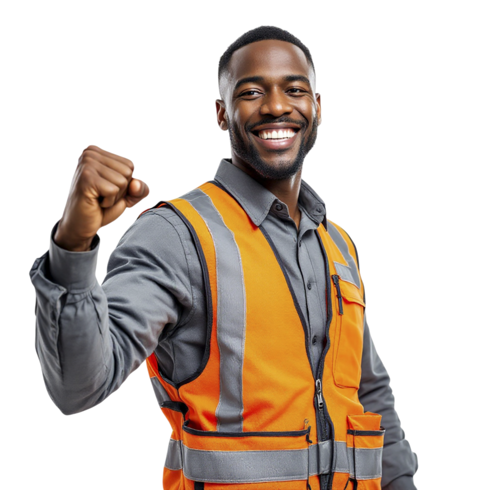A man in an orange vest and safety vest is holding up his fist png