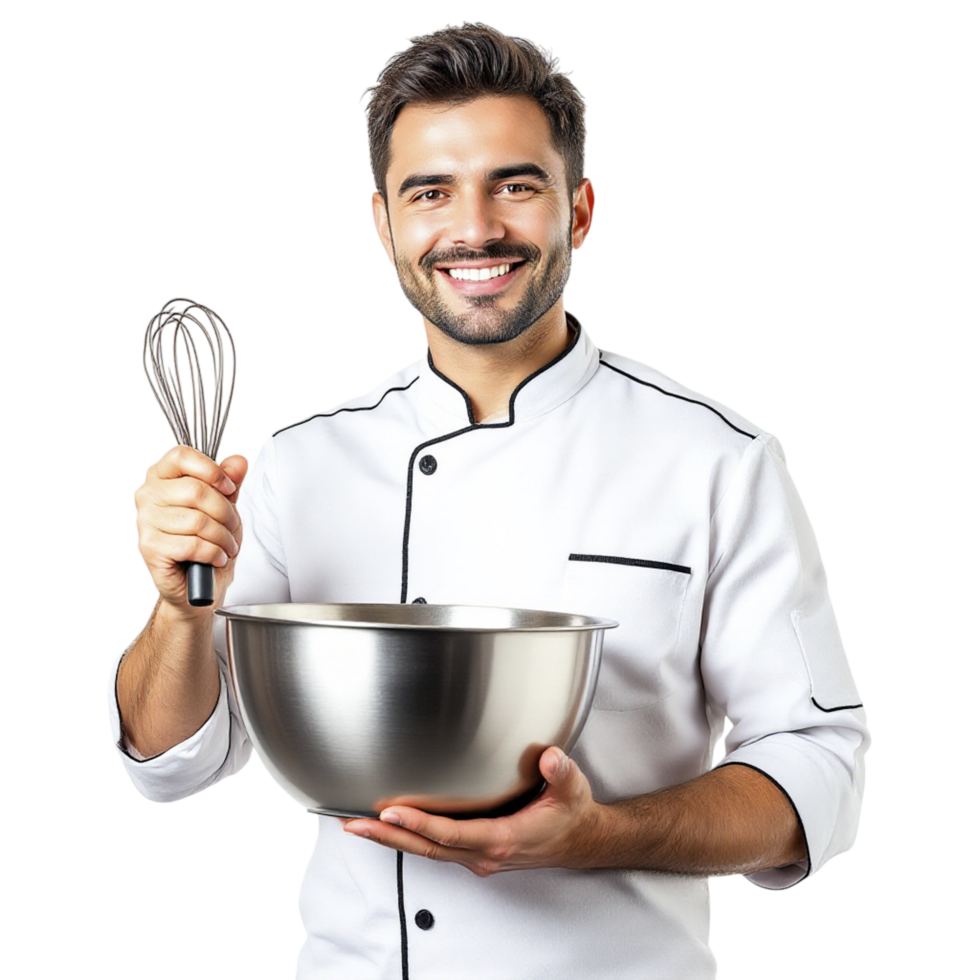 A male chef holding a mixing bowl and whisk png