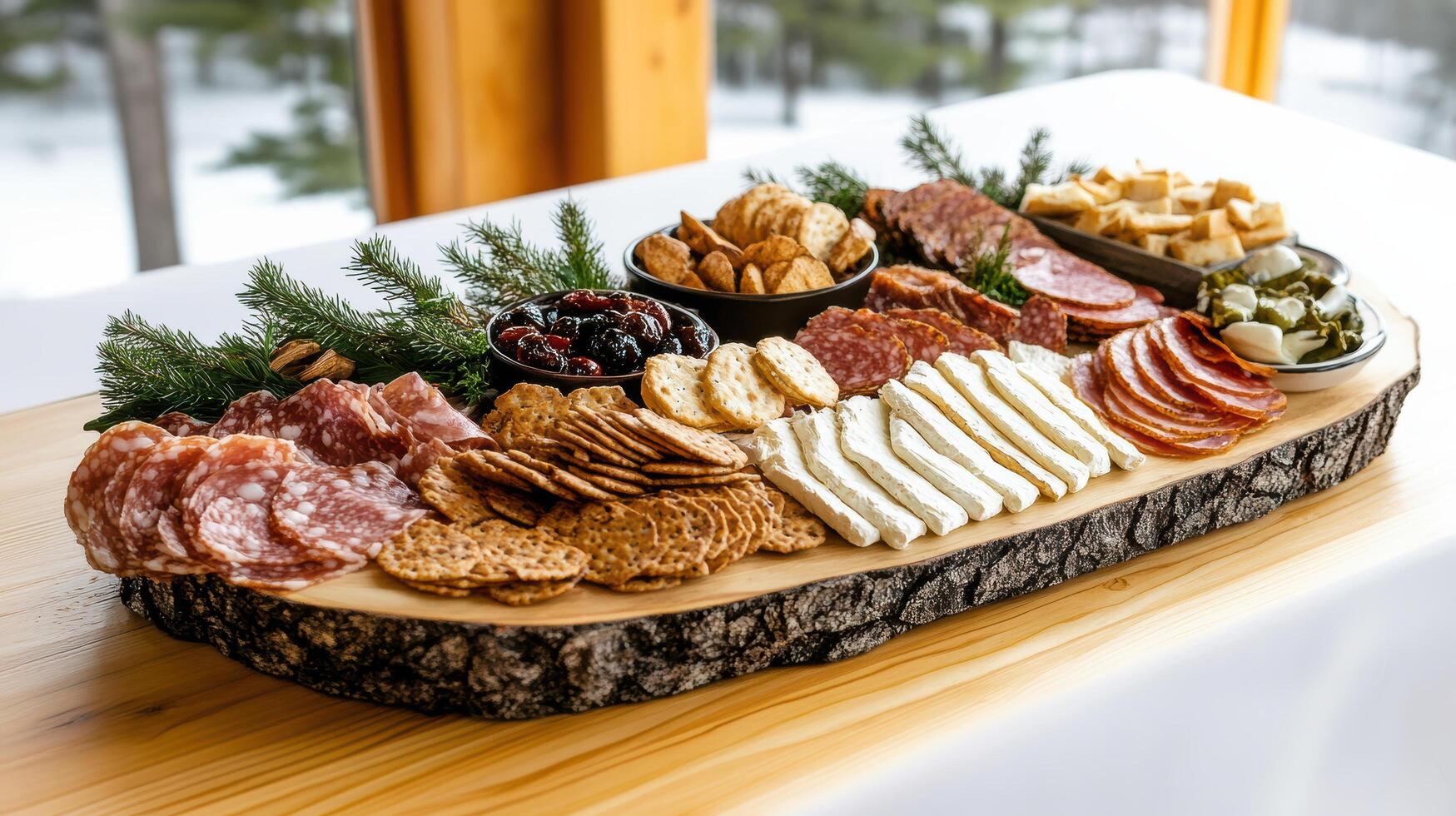 beautifully arranged charcuterie board with meats, cheeses, and snacks photo