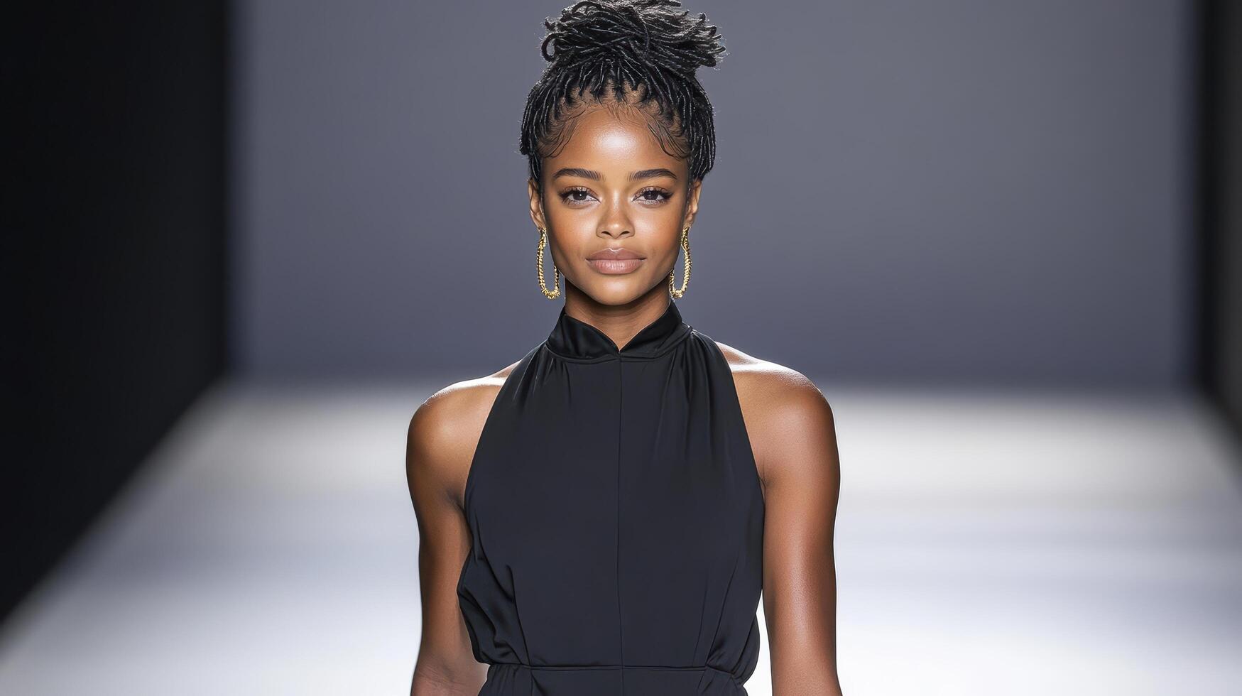 model in sleek modern jumpsuit showcasing confidence on runway photo