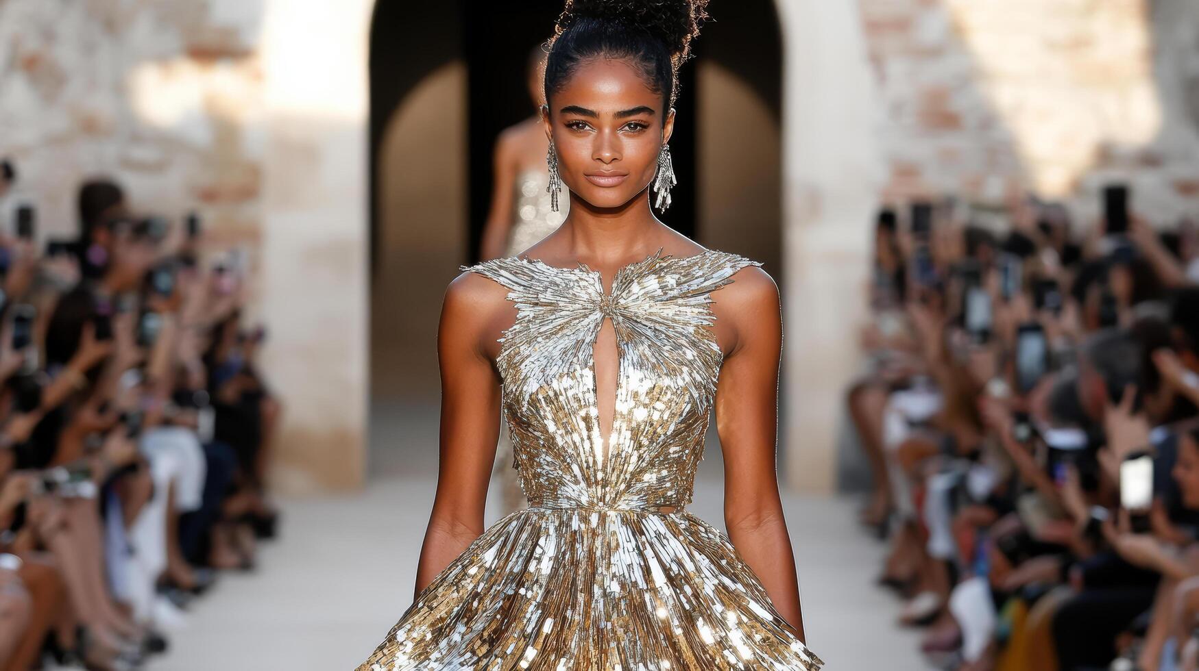 model in shimmering gown walks confidently down runway, captivating audience photo