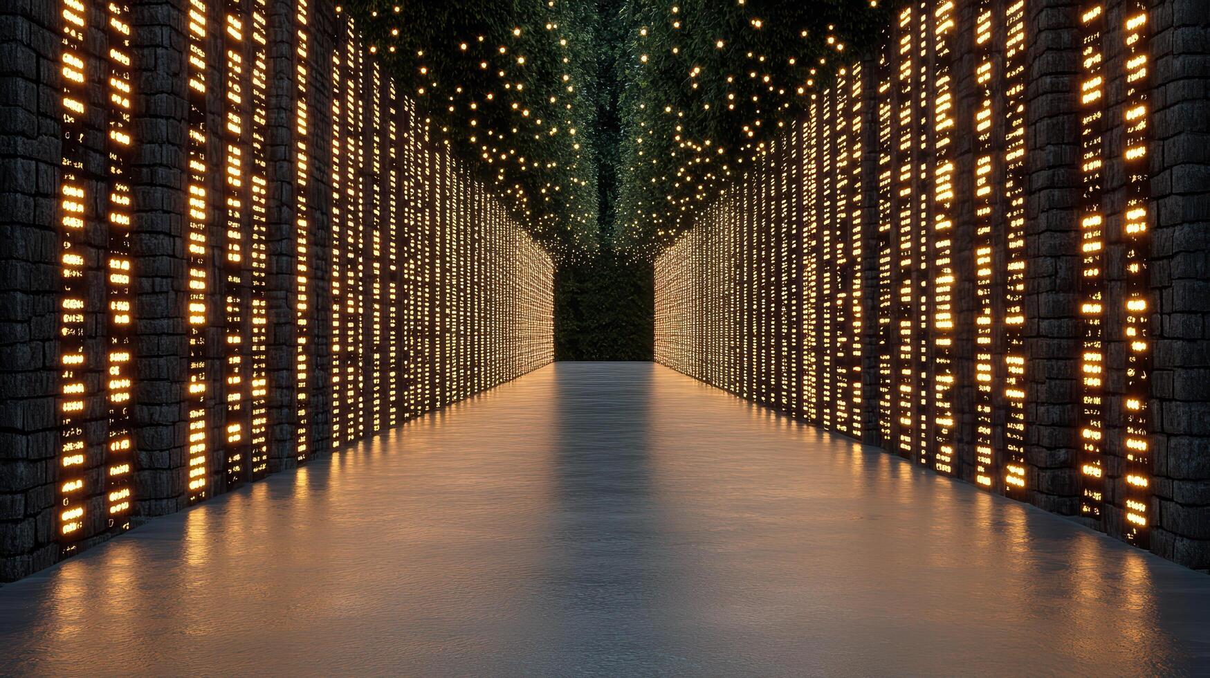 stunning corridor illuminated by glowing lights, creating magical atmosphere photo