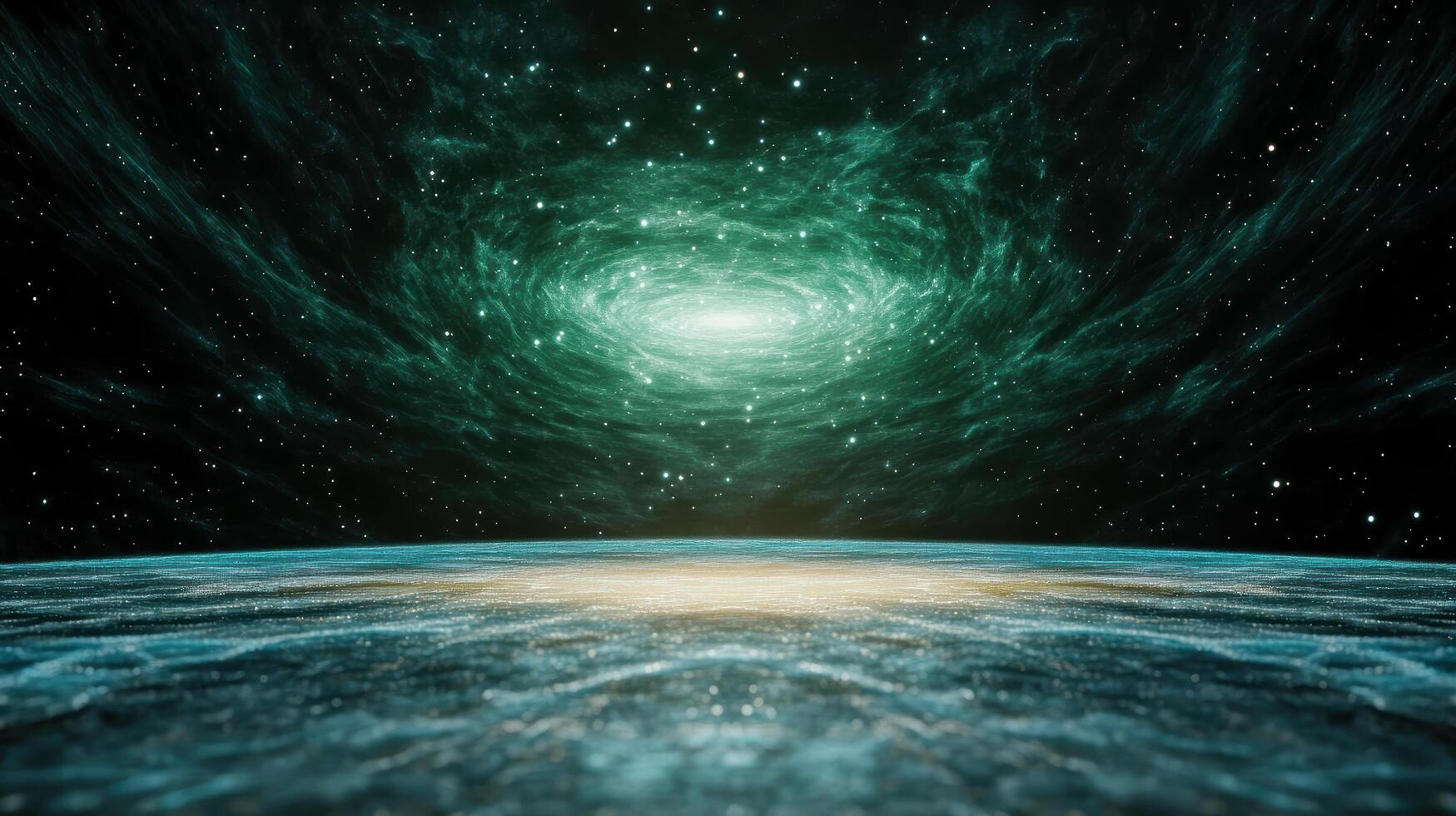cosmic scene with swirling green shapes and stars above glowing horizon photo