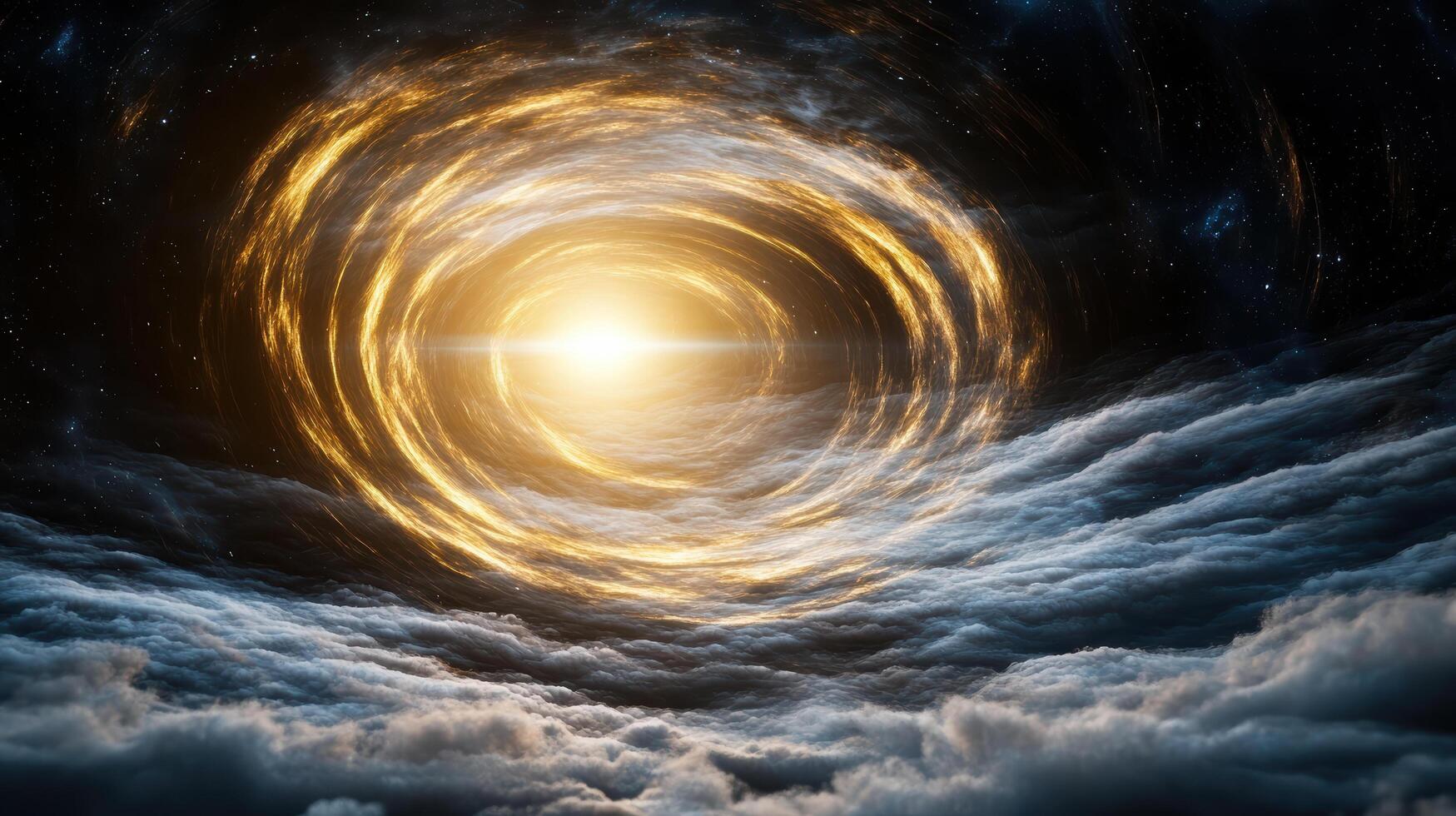 cosmic swirl of golden light emerges from swirling clouds, creating mesmerizing scene photo