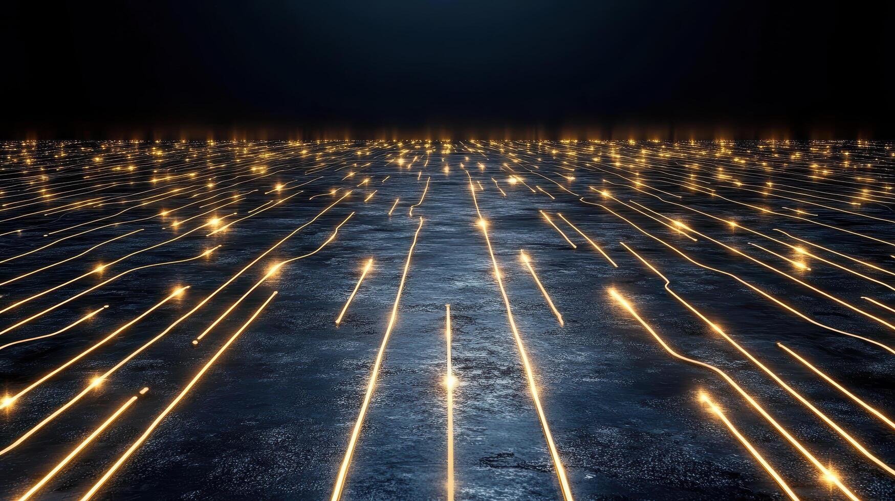Abstract techno landscape with glowing lines and shapes creating depth photo