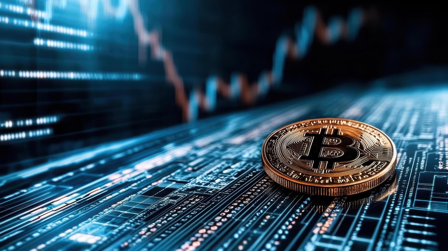 Digital currency exchange with Bitcoin on futuristic background photo