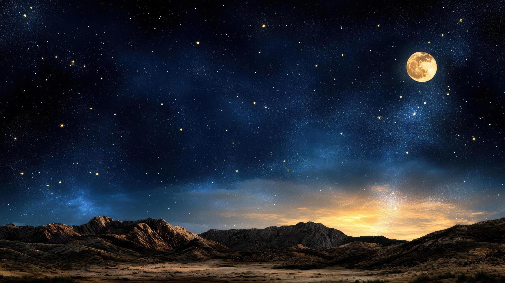 serene night sky filled with stars and bright moon over mountains photo
