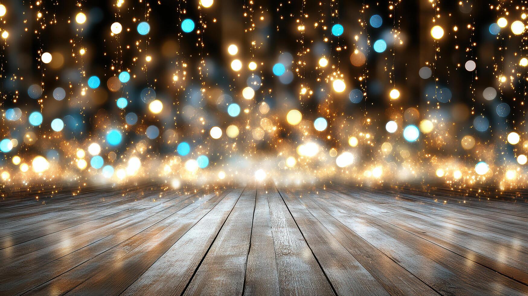Wooden floor with lights and bokeh effect photo