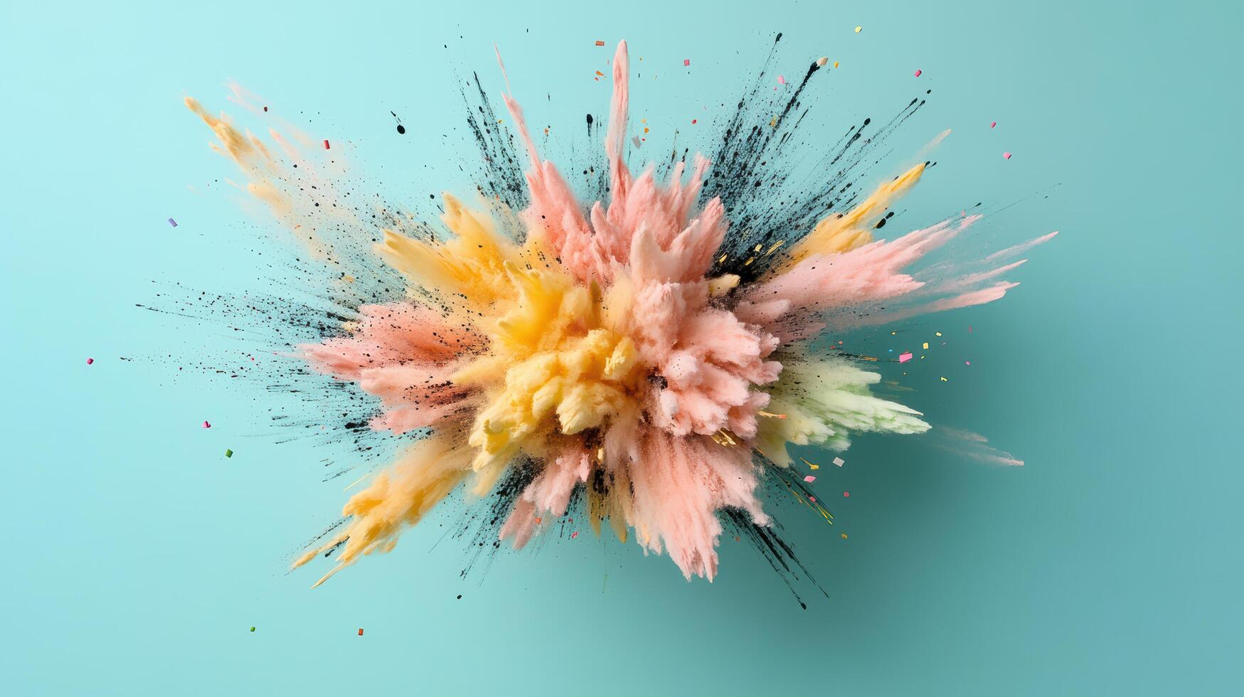 Vibrant explosion of geometric shapes in pastel colors on blue background photo