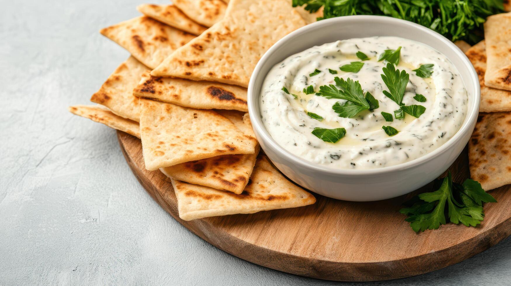Creamy spinach dip served with pita chips and fresh herbs on wooden board photo
