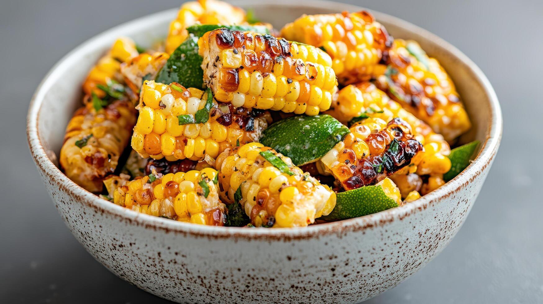 Fresh corn salad with lime dressing in rustic bowl, vibrant and delicious photo
