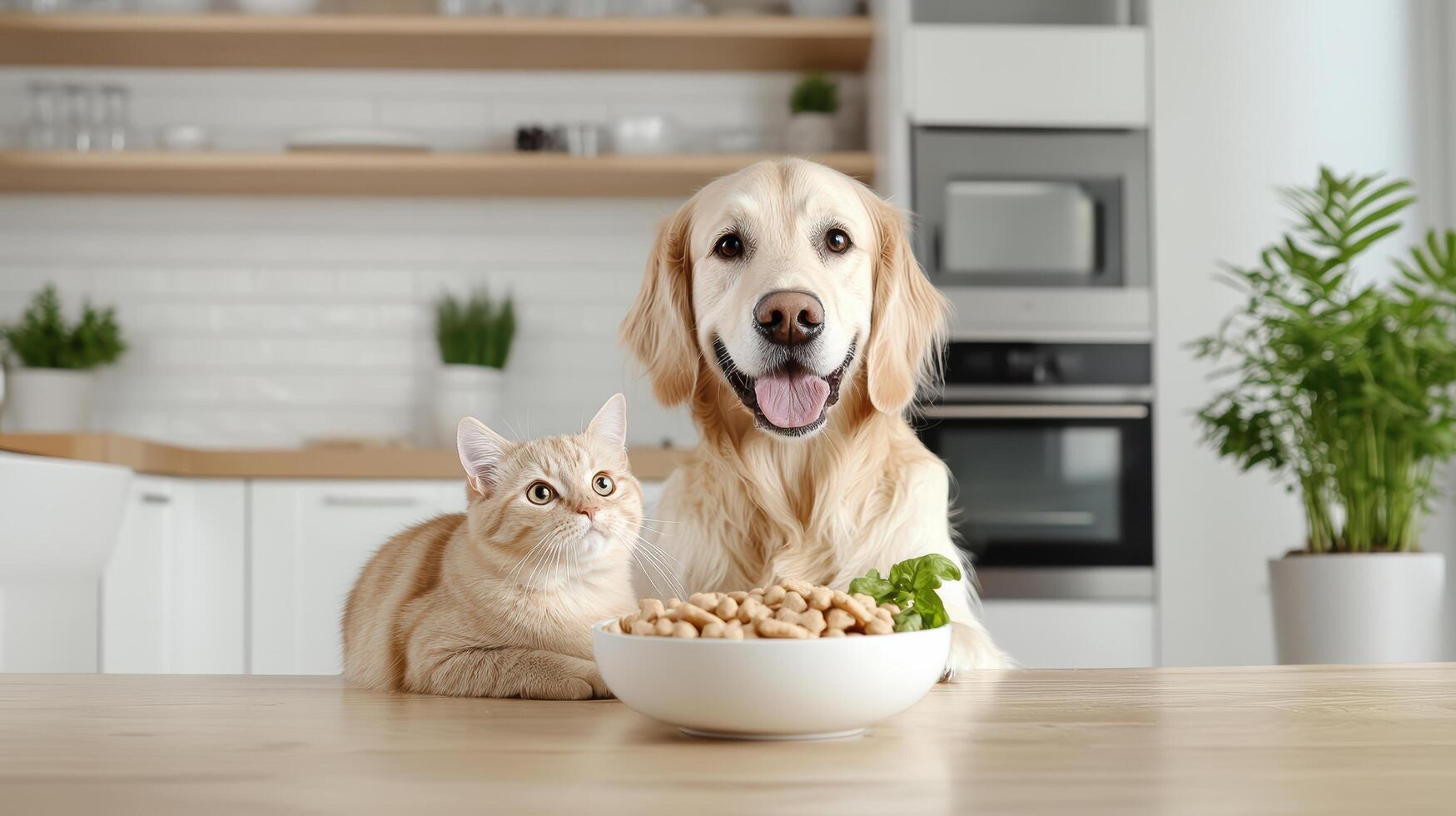 dog and cat happily sharing bowl of treats in sunny kitchen photo