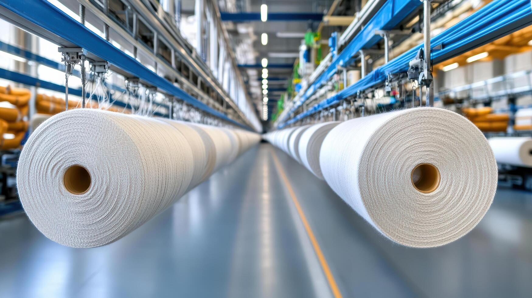 High tech textile production with white yarn spools in factory setting photo