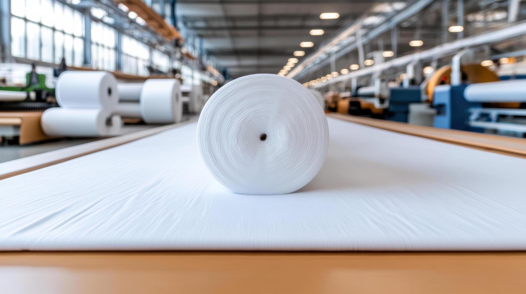 Roll of white fabric on textile production table in factory setting photo