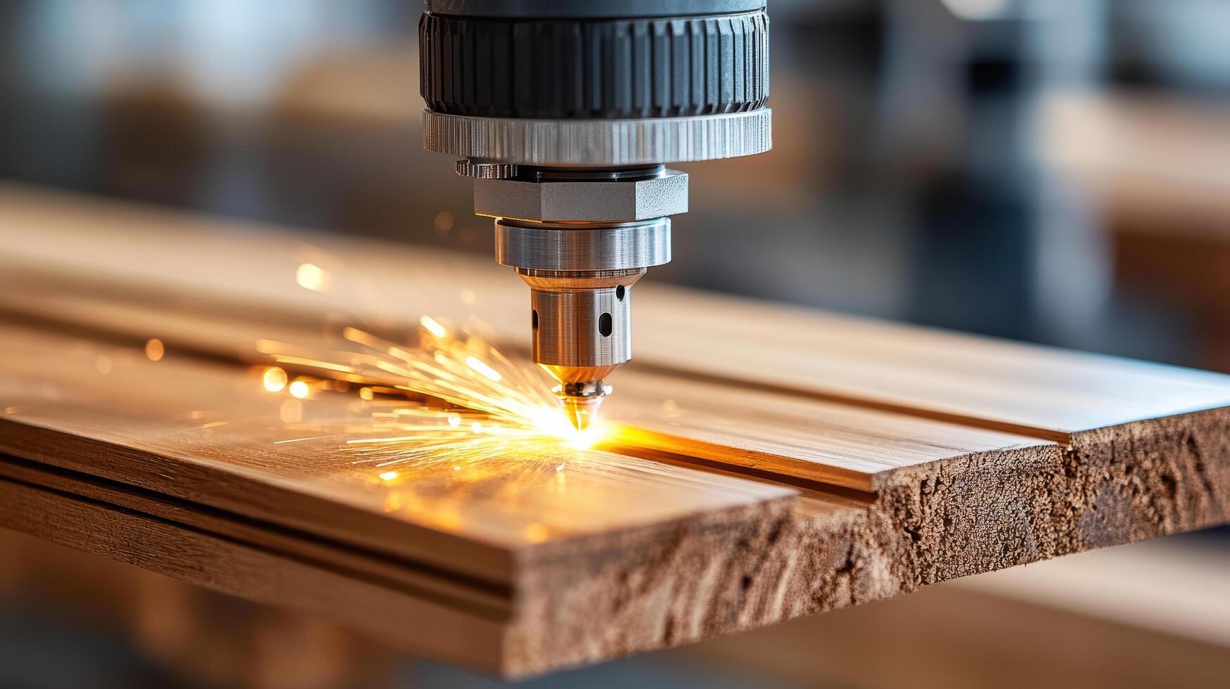 Laser cutting wood with sparks flying, showcasing advanced manufacturing techniques photo
