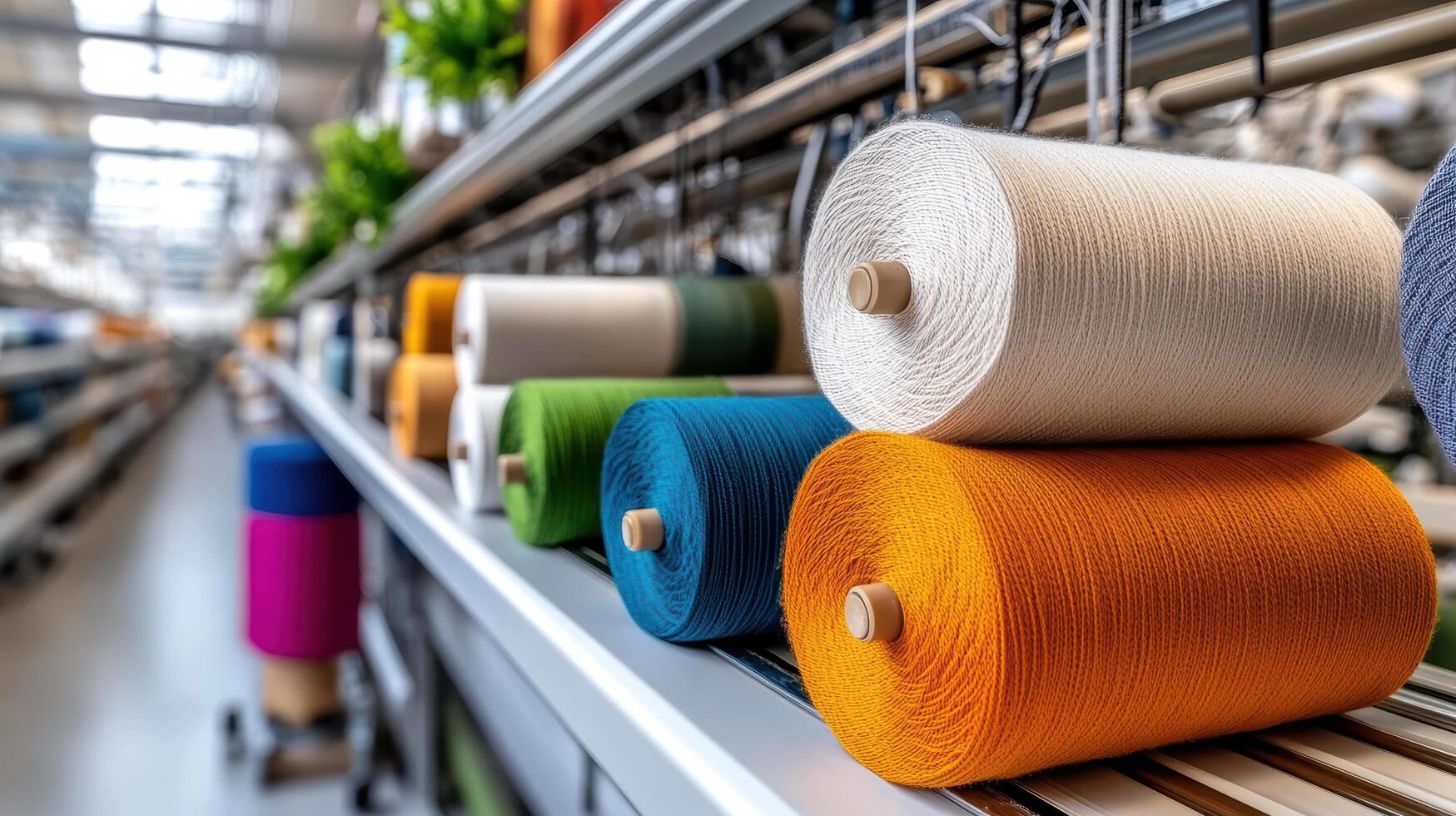 Colorful spools of thread arranged on shelves in textile production facility photo