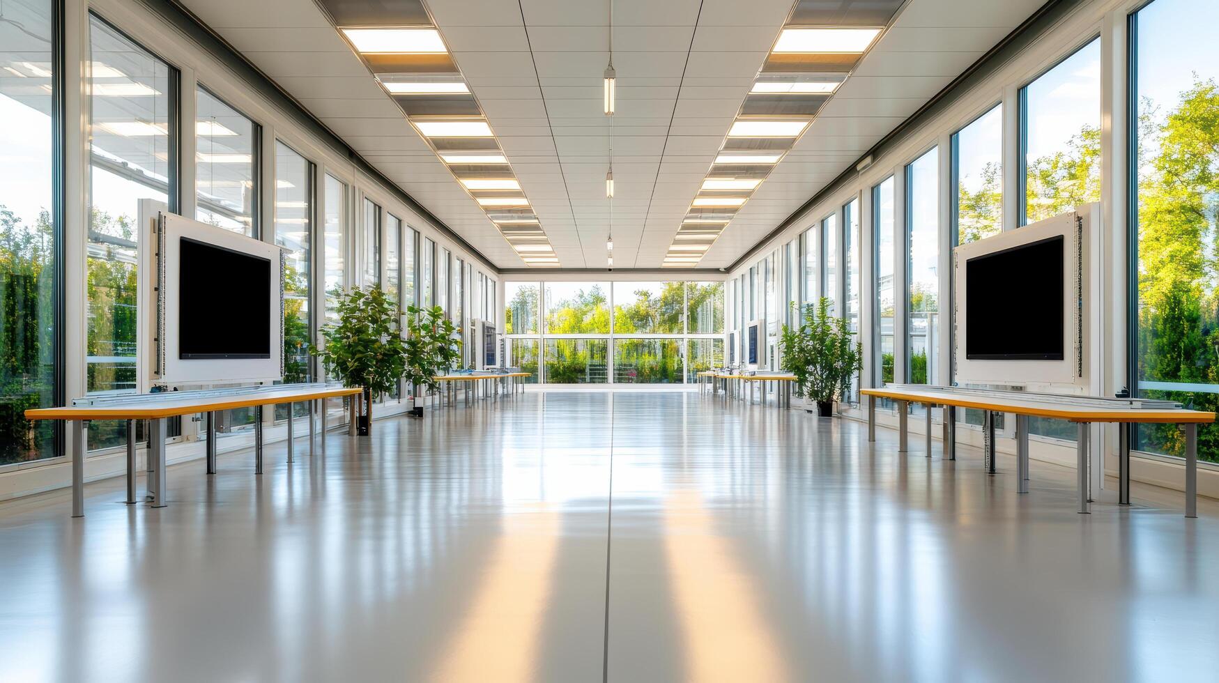 Modern office space with large windows and computer stations photo