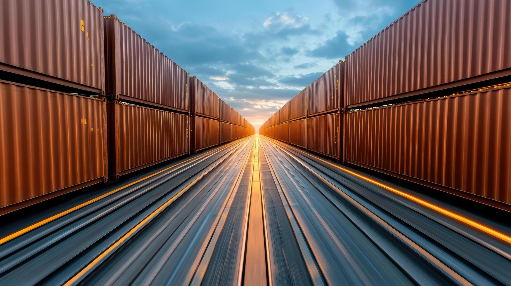 Containers lined up on railway track, creating stunning perspective photo