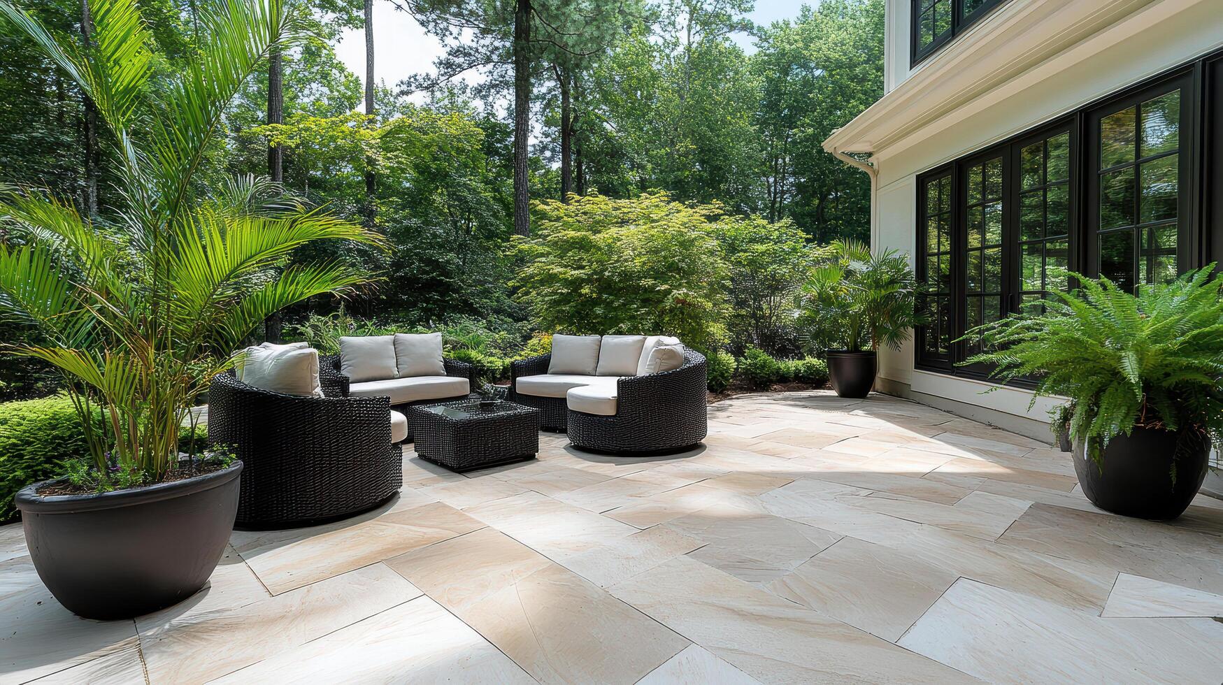 Lush patio with comfortable seating and variety of plants creating serenity photo