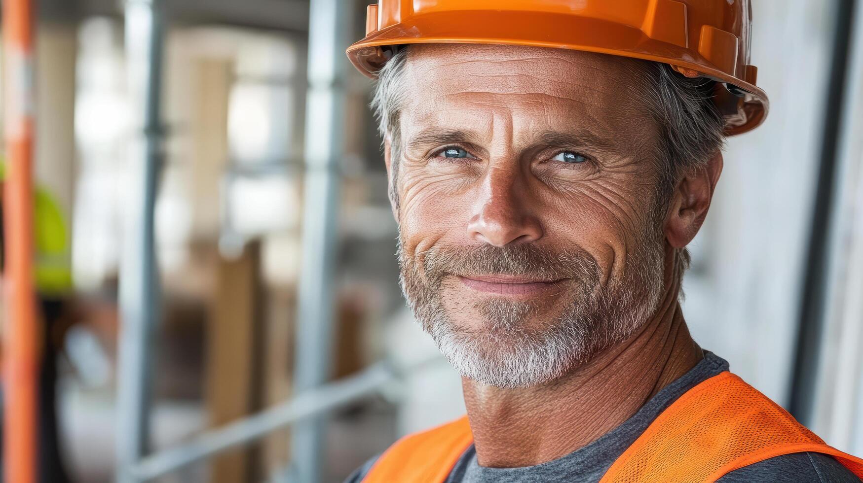 Experienced construction worker smiling at site, wearing hard hat and safety vest photo